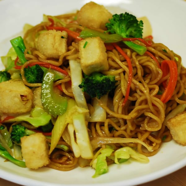 Niko Teriyaki's Japanese yakisoba noodles with fried tofu, broccoli, cabbage, and red peppers.